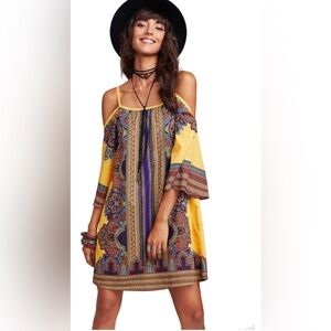 Bohemian Yellow and Purple Off-Shoulder Dress | Sz S